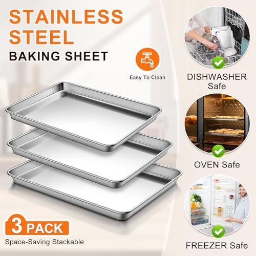 Baking Sheet Set of 3, Commercial Grade Stainless Steel Cookie Sheets