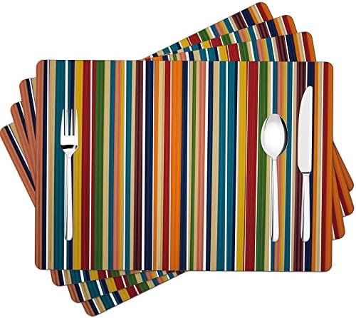 Colorful Stripes Placemats Set of 4, Rainbow Vertical Stripe Faux
