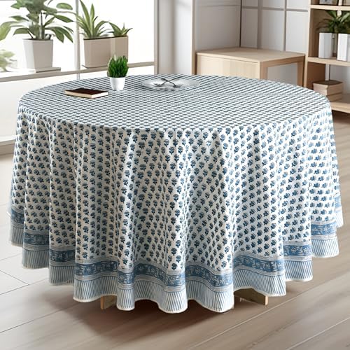CPC Apatite Blue Block Print Cotton Tablecloth Round 60 Inch Home