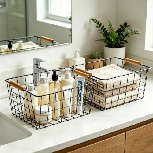4 Pack Black Metal Wire Storage Baskets, Pantry Baskets for