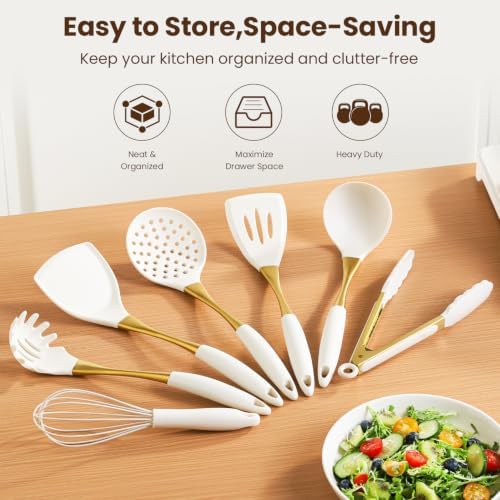 7 Pcs Silicone Spatula Cooking Utensils Set, White Gold