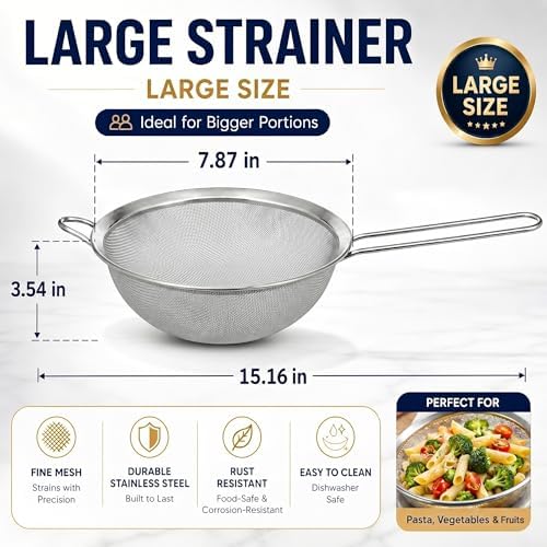 HiramWare Fine Mesh Strainer, Large Stainless Steel Colander with