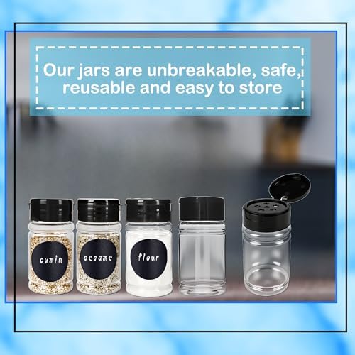 60 Pack 2.7 oz Plastic Spice Jars with Black Lids and Labels Empty