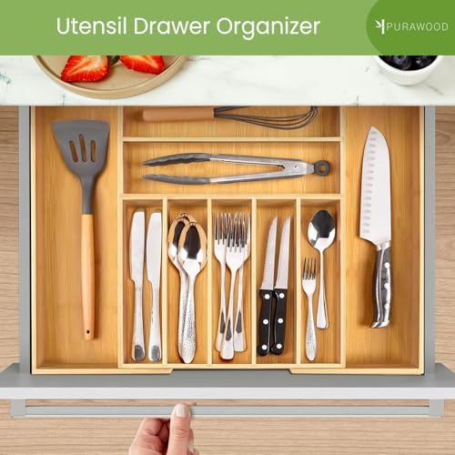 Purawood Expandable Bamboo Drawer Organizer 7-9 Slots, Natural