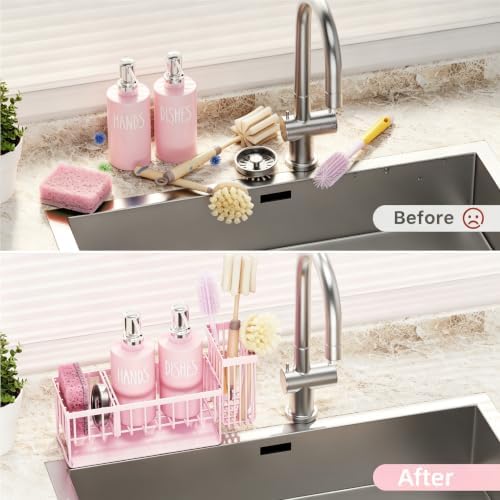 MASADI Pink &Silver Kitchen Dish Soap Dispenser Set with Sponge