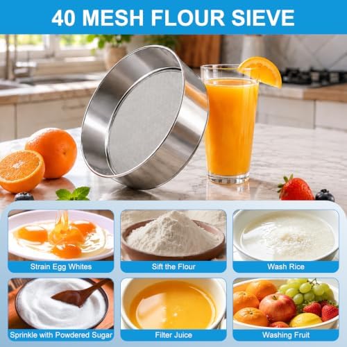 3 Pcs flour sifter for baking (8" 40 and 60 Mesh, 6" 40 Mesh)