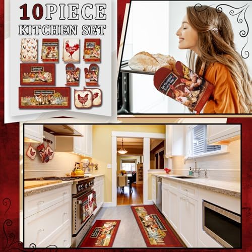 Fourluoo 10 Pcs Red Rooster Kitchen Set Towels Oven Mitts Pot Holders