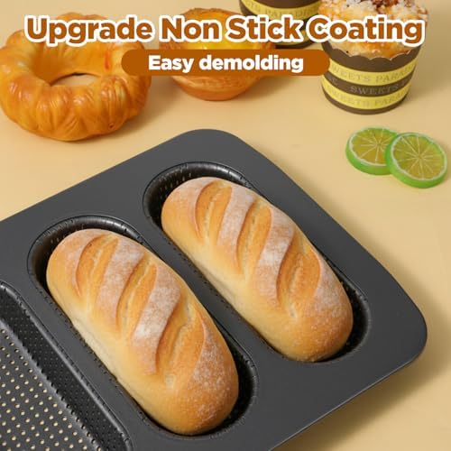 2 Pcs Hot Dog Bun Pan, 4 Cavity Perforated Carbon Steel Bread Loaf
