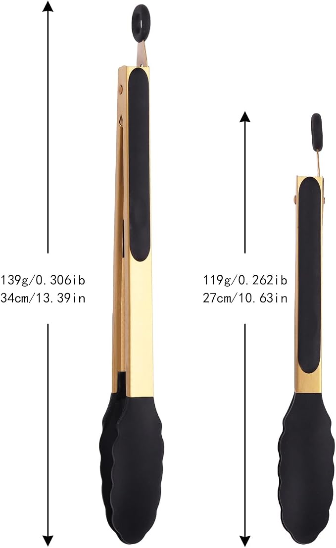 Stainless Steel Classic Kitchen Serving Food Party Gold Tongs 9" and 12" - Image 3