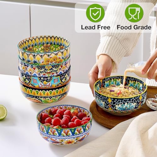 Meolibour Ceramic Cereal Bowls Set of 6, 28 oz Bohemian Soup Bowl