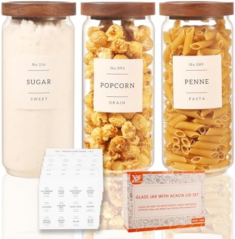 3 Pack Glass Canisters with Airtight Acacia Lids and 132 Kitchen