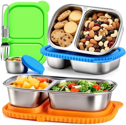 3 Pack Stainless Steel Snack Containers with Silicone Lids, Reusable