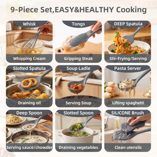 Silicone Kitchen Utensils Set, 9 PCS, Gray