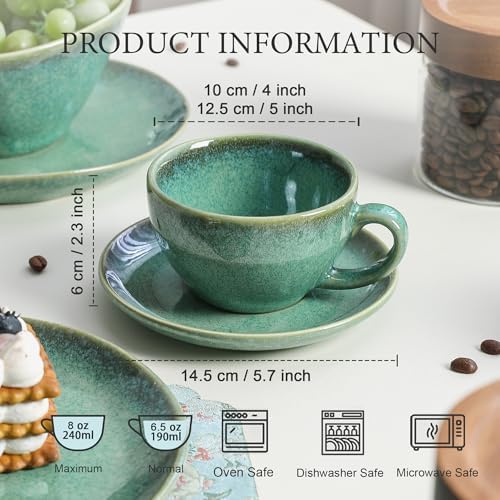 Henten Home Ceramic Latte Cups with Saucers, Coffee Cup Set of 4