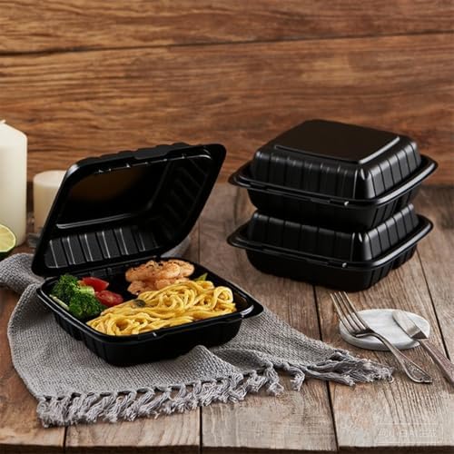 50Pack 8" X 8" 3-Compartment Clamshell To Go Food Containers With