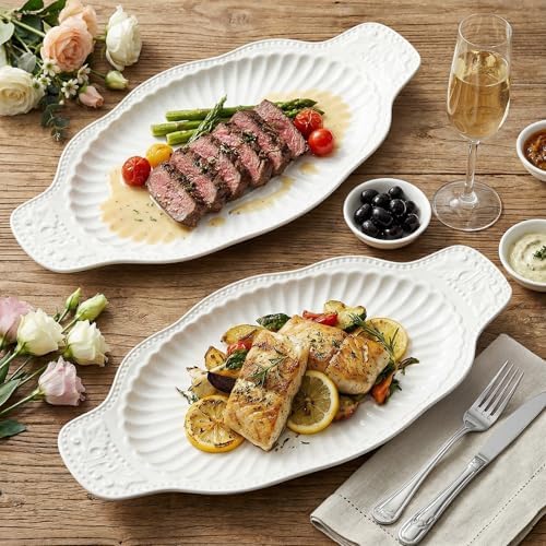2 Pack Porcelain Oval Serving Platters, 14 Inch Large Embossed White