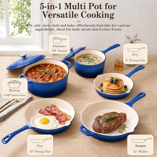 5-Piece Enameled Cast Iron Cookware Set, Dutch Oven, Saucepan & 3 Skillets