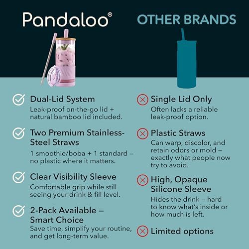 Pandaloo® Glass Cups With Lids and Straws -20 Fl Oz- Perfect Size Iced
