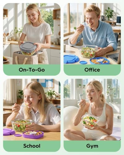 BiuLeon 2 Pack Glass Salad Lunch Container,56oz Salad Bowl To Go for