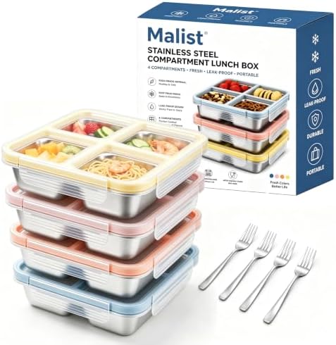 Malist 4 Pack 4-Compartment Stainless Steel Containers with 4 Steel