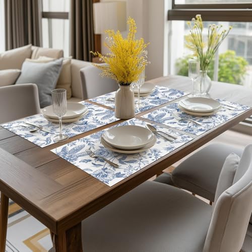 Artoid Mode Blue Floral Brids Spring Vinyl Placemats Set of 4