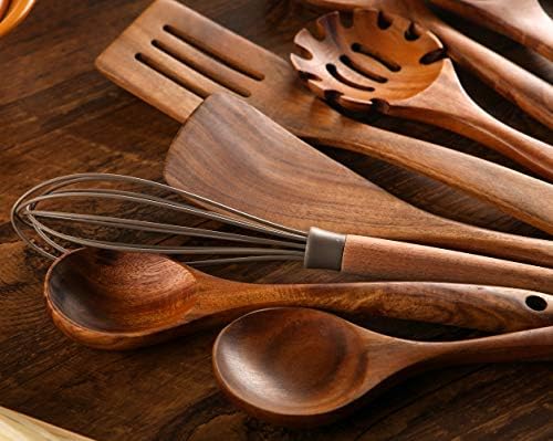 NAYAHOSE 10 Pcs Natural Teak Wood Utensil Set