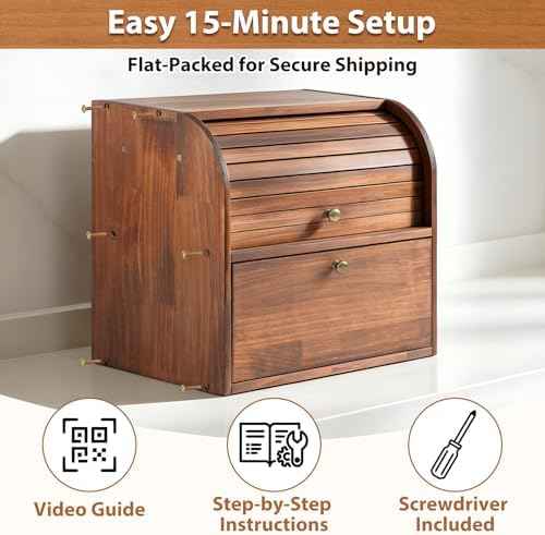 Sunhoo Wooden Bread Box for Kitchen Countertop, Roll Top Breadbox, Brown