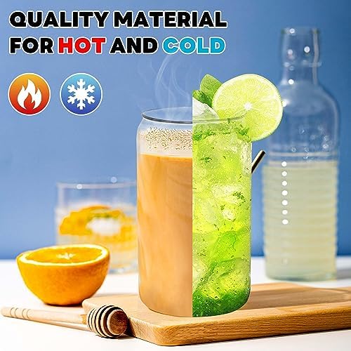 Joyclub 8pcs 16Oz Glass Cups with Bamboo Lids and Straws Drinking