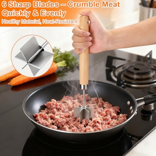 Palksky Meat Chopper Stainless Steel, 6 Curve Blades Meat Masher