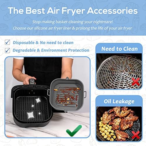 [2 Pack] Silicone Air Fryer Liners Square - Reusable Airfryer Basket