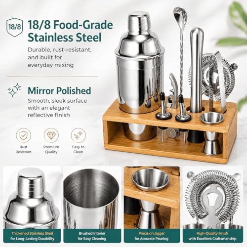 Cocktail Shaker Set, 18/8 Food-Grade Stainless Steel Mixology