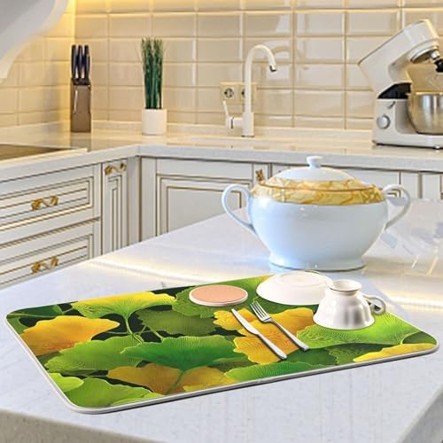 OTVEE Golden Leaf Art Dish Drying Mat for Kitchen Counter Absorbent