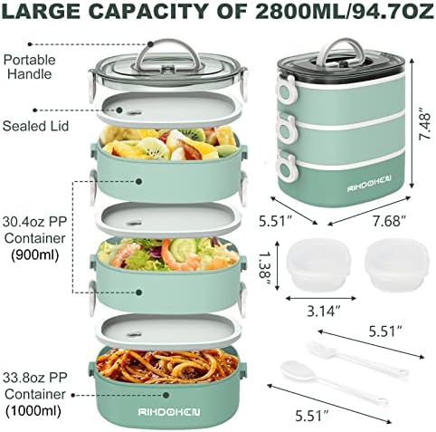 RIKDOKEN Lunch Box, Stackable 3 Layers Containers, Portable 94OZ Large