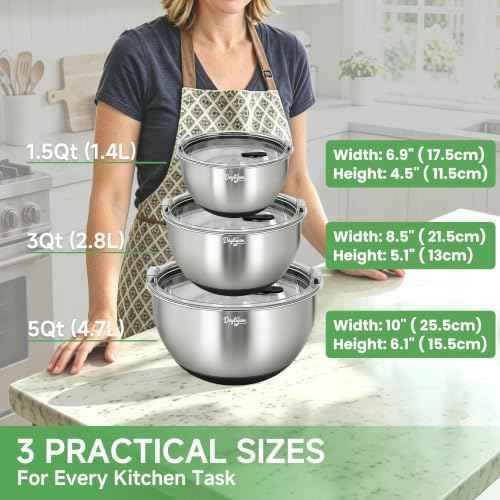 Mixing Bowls with Clear Airtight Lids, 3-Piece Stainless Steel Set, Black