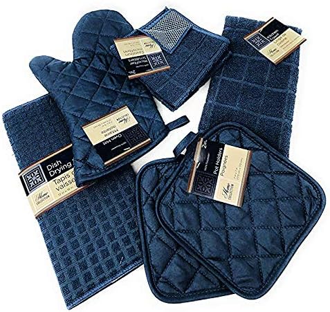 Kitchen Towel Set with 2 Quilted Pot Holders, Oven Mitt, Dish Towel