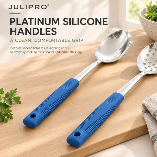 2-Piece Serving Spoons, 11.4-Inch, Solid & Slotted, Platinum Silicone