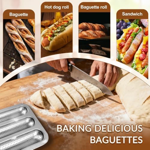 French Bread Baking Pan, 3-Cavity Baguette Pan, Silver 1 Pack