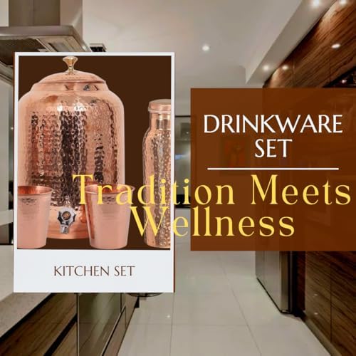 Hammered Pure Copper Water Dispenser Set – 5L Tank with 2 Glasses & 1