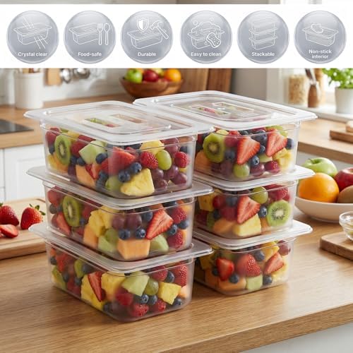 6 Pack 1/3 Size Plastic Clear Food Pans with Lids, 4 Inch Deep