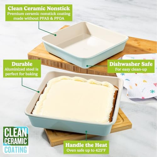 Tasty Clean Ceramic Square Cake Pans Set, 2-Pack of 9-Inch Cake Pans