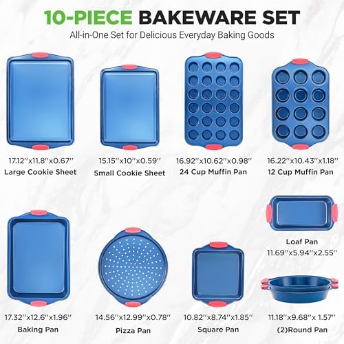 NutriChef 10-Piece Nonstick Bakeware Set - Premium Carbon Steel Baking Pans w/Silicone Handles - Includes Pizza Tray with Holes, 12 & 24 Cup Muffin Pans, Cookie Sheets, Round, Square & Loaf Pan - Blue