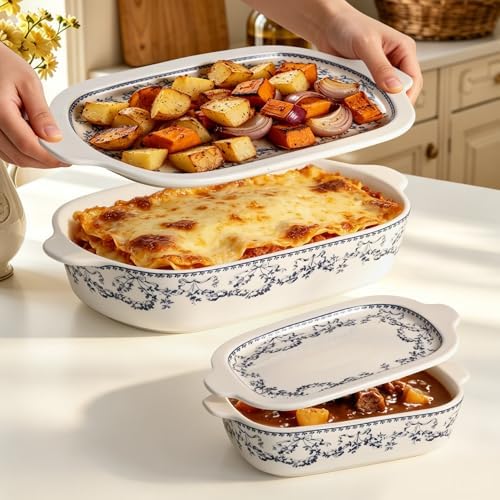 ACMLIFE Ceramic Casserole Dish Set, 4 Pcs, Blue and White