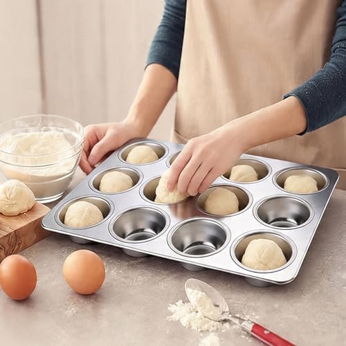 LIANYU 12 Cups Muffin Pan for Baking, 2 Pack Stainless Steel Cupcake