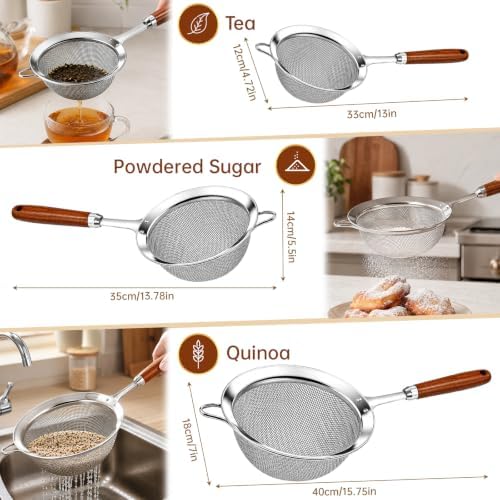 Fine Mesh Strainer Set, 30 Mesh 304 Stainless Steel Kitchen Sieve with