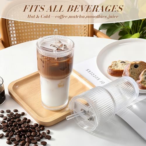 Iced Coffee Cups with Lids,Glass Cups with Lids and Straws,2 Coffee
