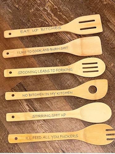 AmSoaN Funny Engraved Coffee Spoon Set(6pcs), Personalized Wooden