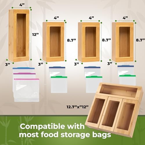 Bamboo Storage Bag Organizer for Kitchen Drawer, Plastic Baggie