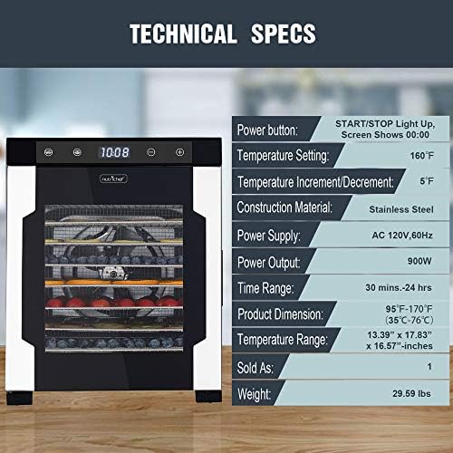 NutriChef 900-Watt Food Dehydrator, 10 Stainless Steel Trays
