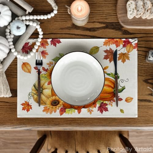 Artoid Mode Pumpkins Maple Leaves Fall Placemats Set of 4, 12x18 Inch