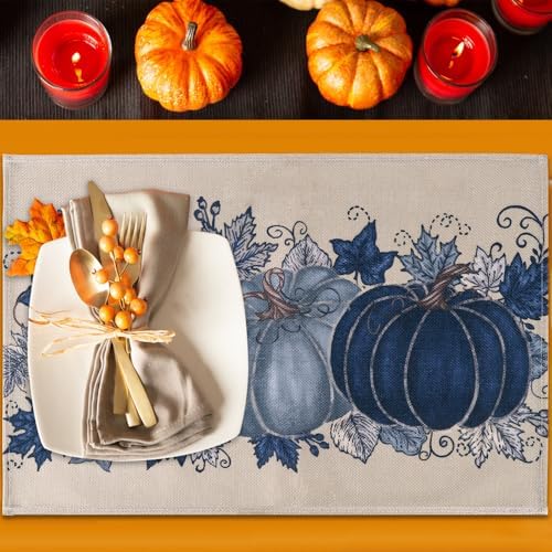 Fall Thanksgiving Placemats Set of 4 Blue Vintage Pumpkin Decorative